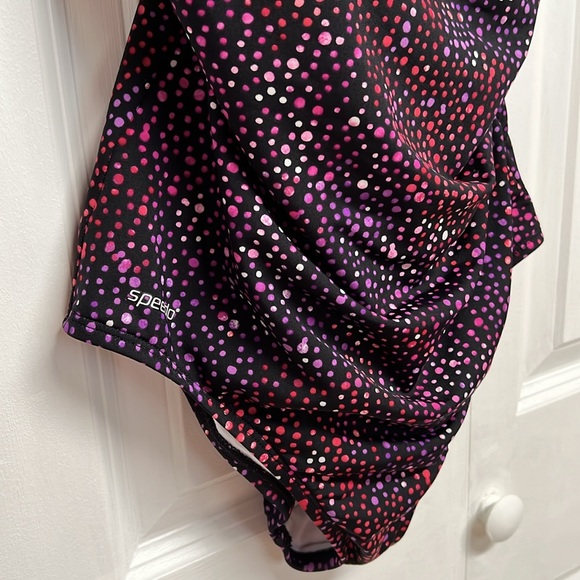 Speedo Black Pink Purple Polka Dot One Piece Bathing Suits Size 8 - Picture 2 of 7